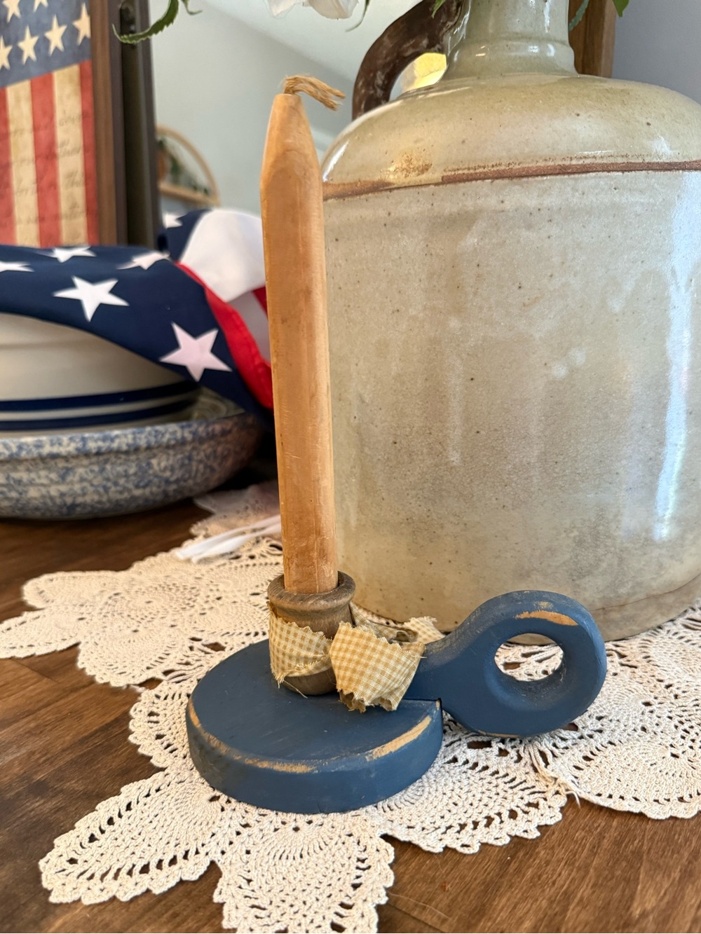 Primitive country wood candle and candlestick chippy blue. 🇺🇸